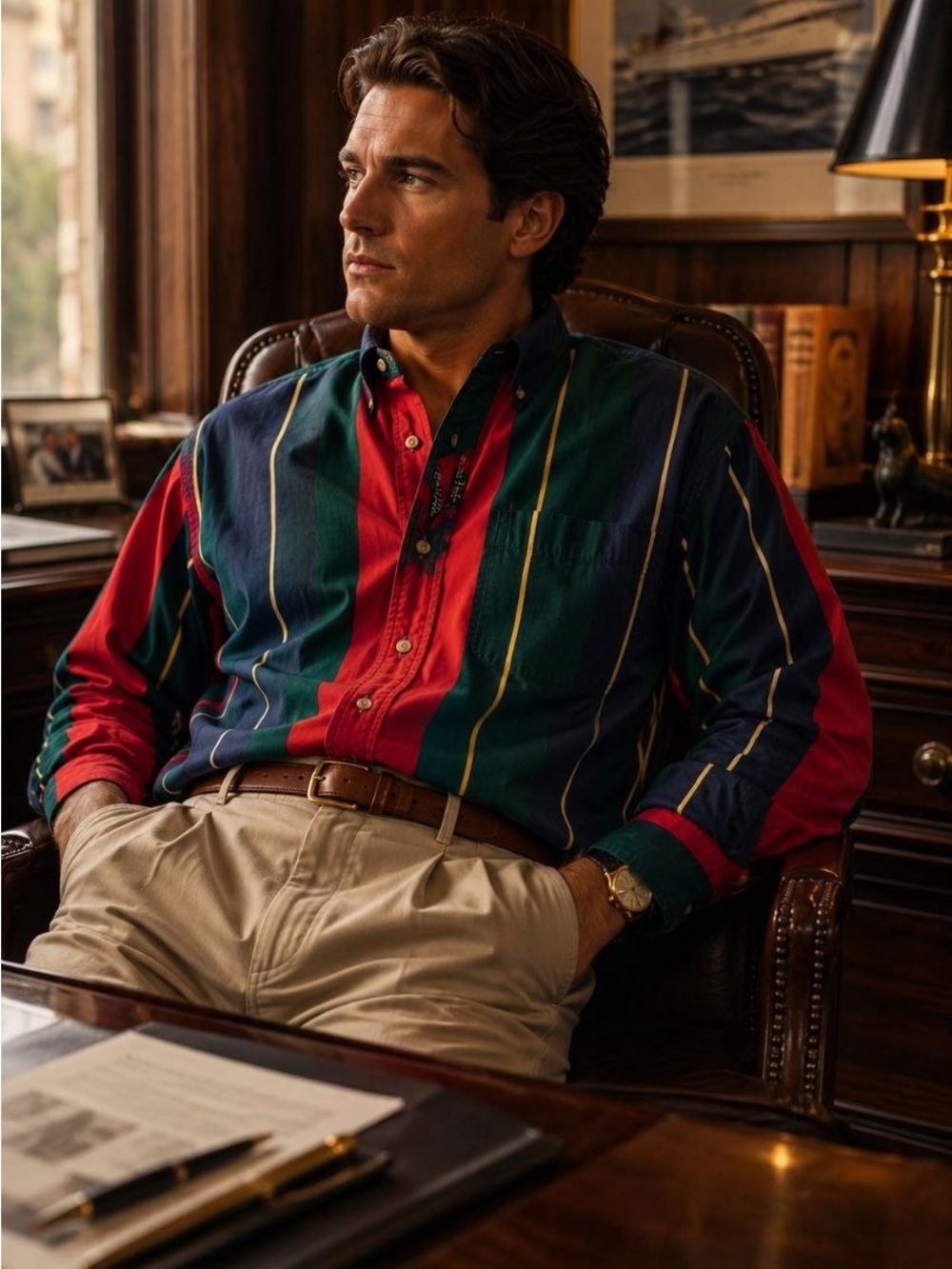 Nautica Striped Button-Down Shirt in Red, Green & Navy